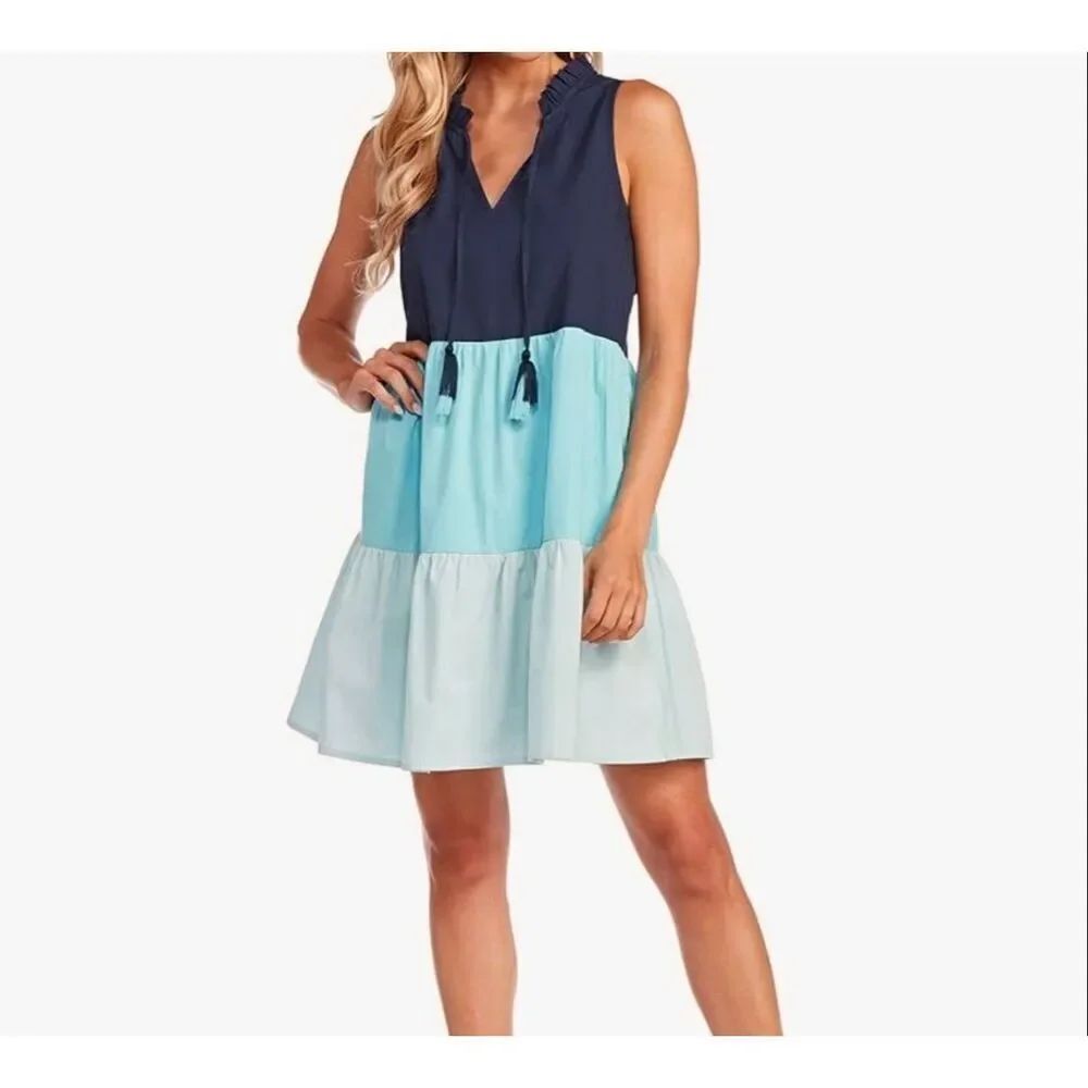 Mud Pie Women’s Blue Sleeveless Tiered Tie Front Dress Sz Large NEW
